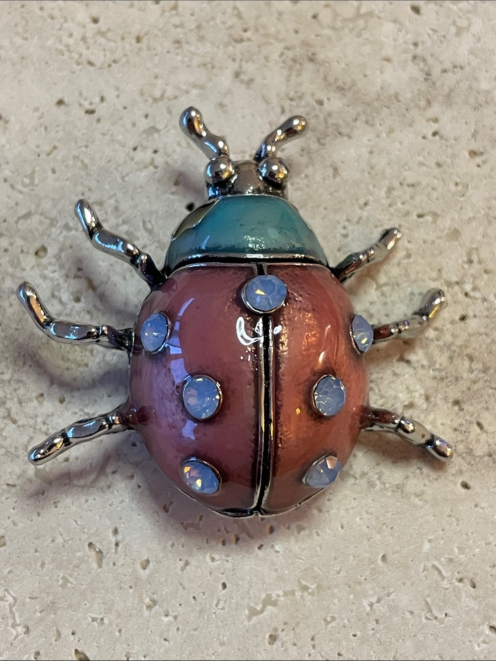 Anthropologie Pink Teal Ladybug Brooch Pin Crystal Bug Insect Jewelry
